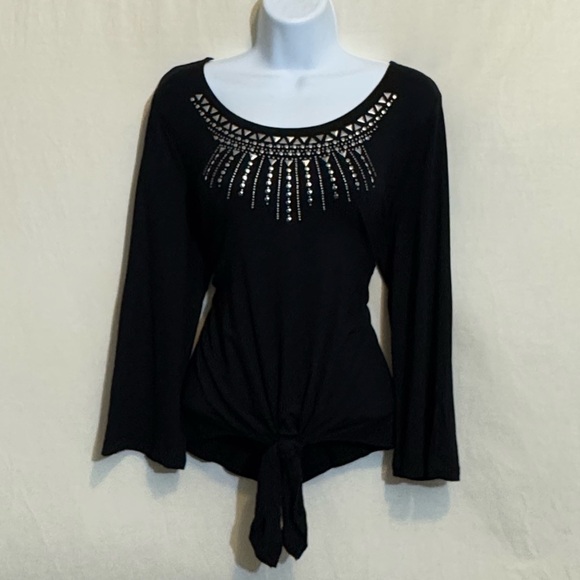 JM Collection Tops - H-161 JM Collection Black Embellished Tie Front Long Sleeve Pullover Blouse‎